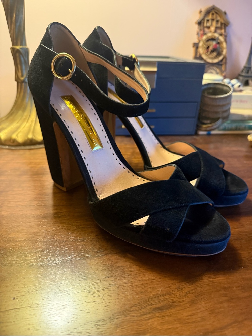 Rupert Sanderson Black Suede Cross-Strap Block Heels with Ankle Buckle